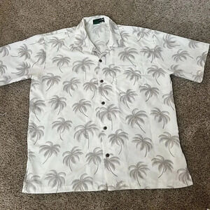 Makani‎ Hawaii Shirt Mens Palm Tree Large Gray White Microfiber Hawaiian Aloha